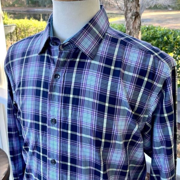 Bugatchi Plaid Long Sleeve Shirt. Size Large. - Picture 3 of 11